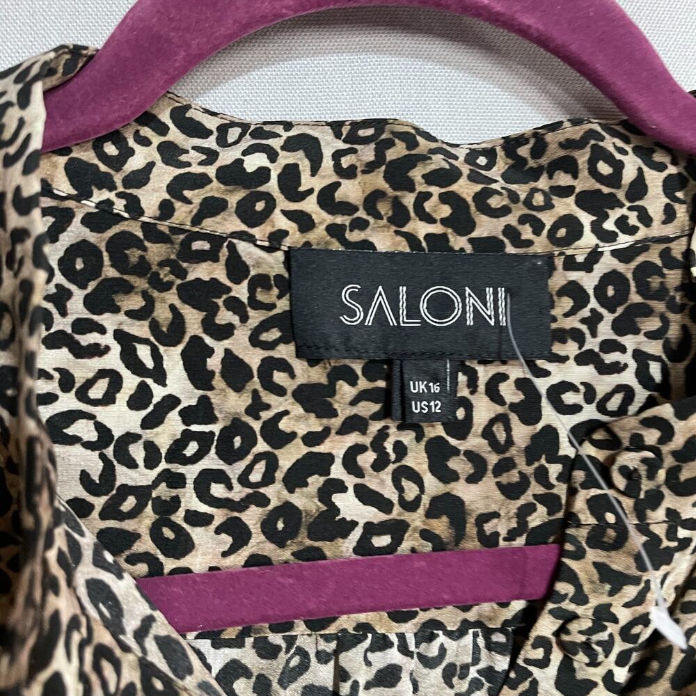 Saloni Button Down Top Women US 12 Brown Cheetah Flutter Silk Blouse Classic - Picture 4 of 9